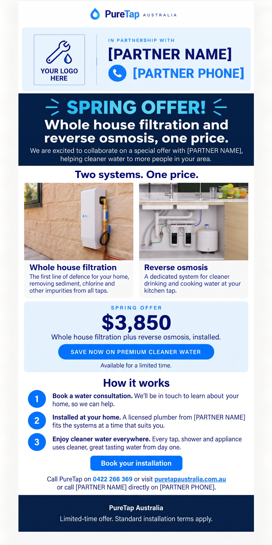 PureTap Australia spring offer flyer — whole house water filtration and reverse osmosis fully installed for $3,850 incl. GST, save $999