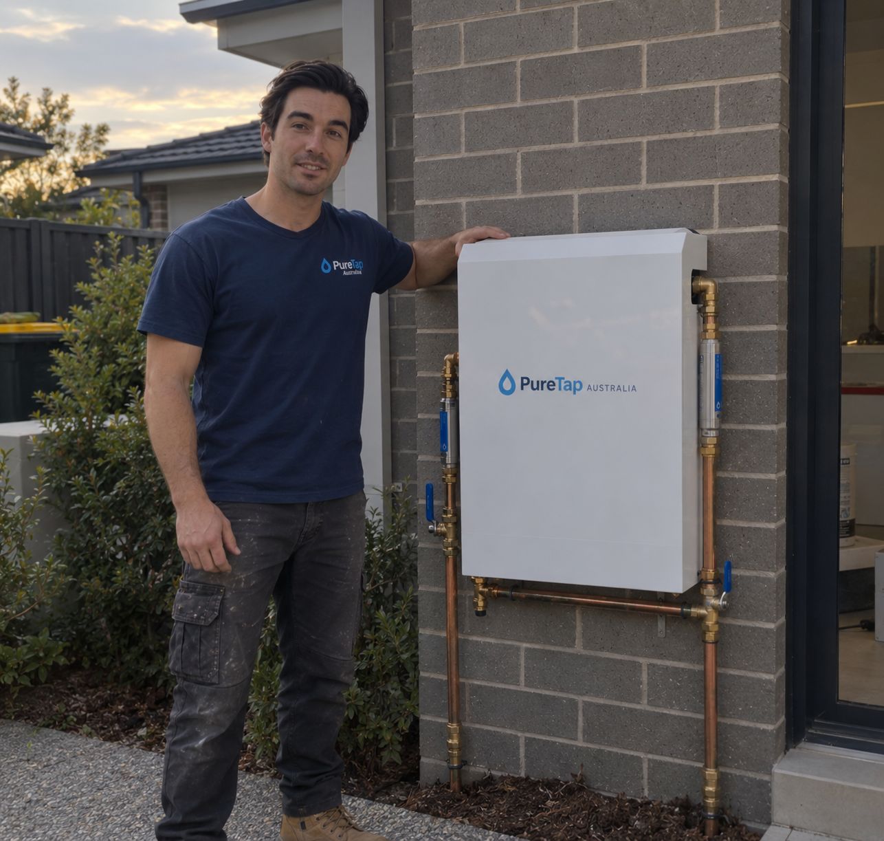 PureTap installer standing beside a whole house filtration cabinet installed at a home